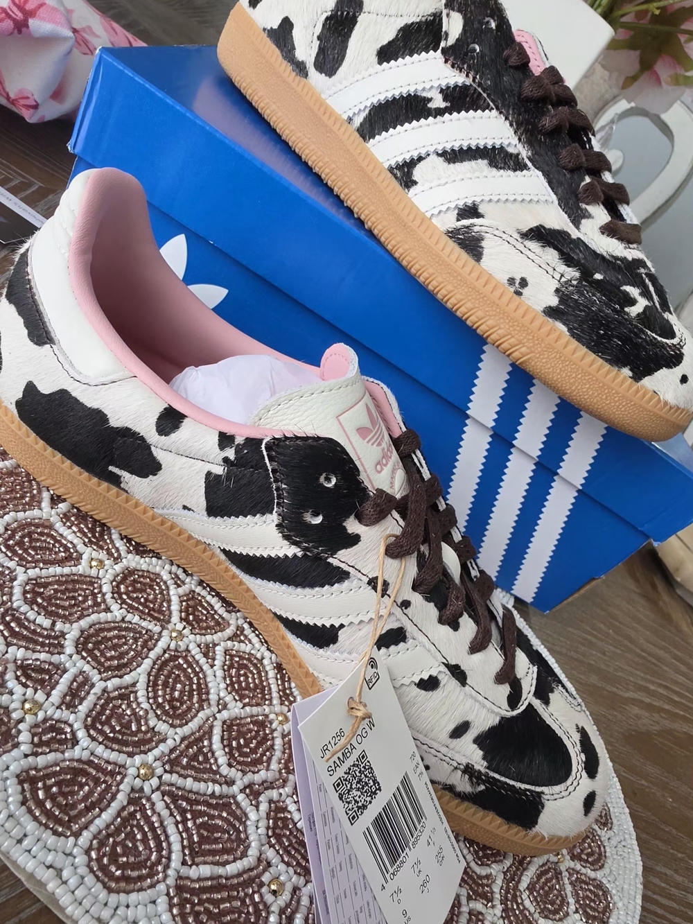 adidas Cow Print Sneakers with Pink Lining and Gum Sole